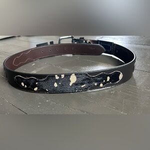 American Bison Black and Cream Leather Calf Hair Belt with silver embellishments